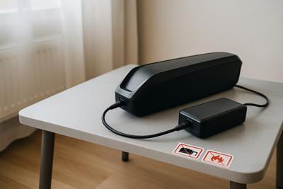 Bezpečné nabíjení baterie elektrokola na nehořlavém povrchu s varovnými ikonami.